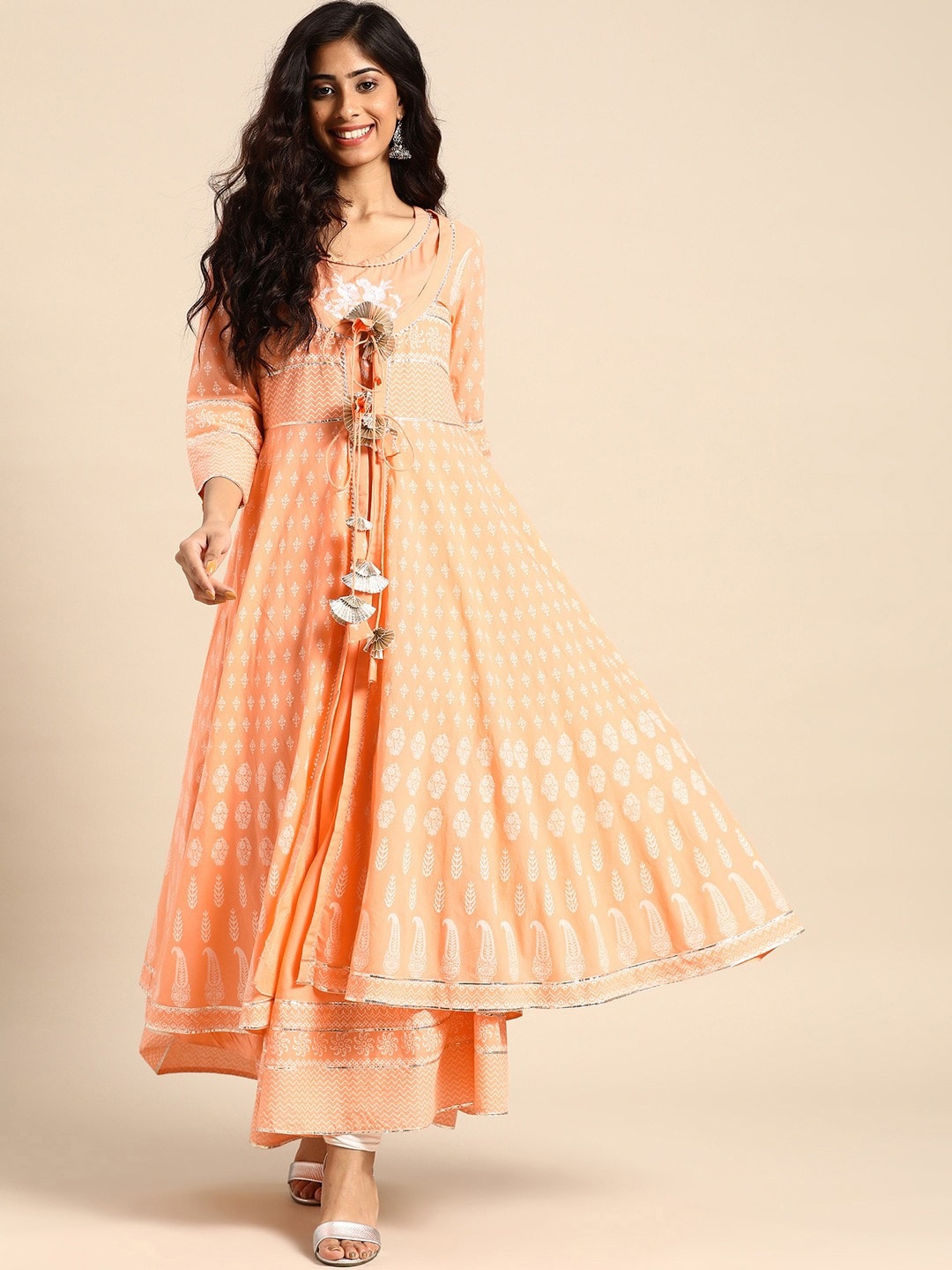 

RANGMAYEE Women Peach-Coloured Ethnic Motifs Printed Cotton Layered Anarkali Kurta