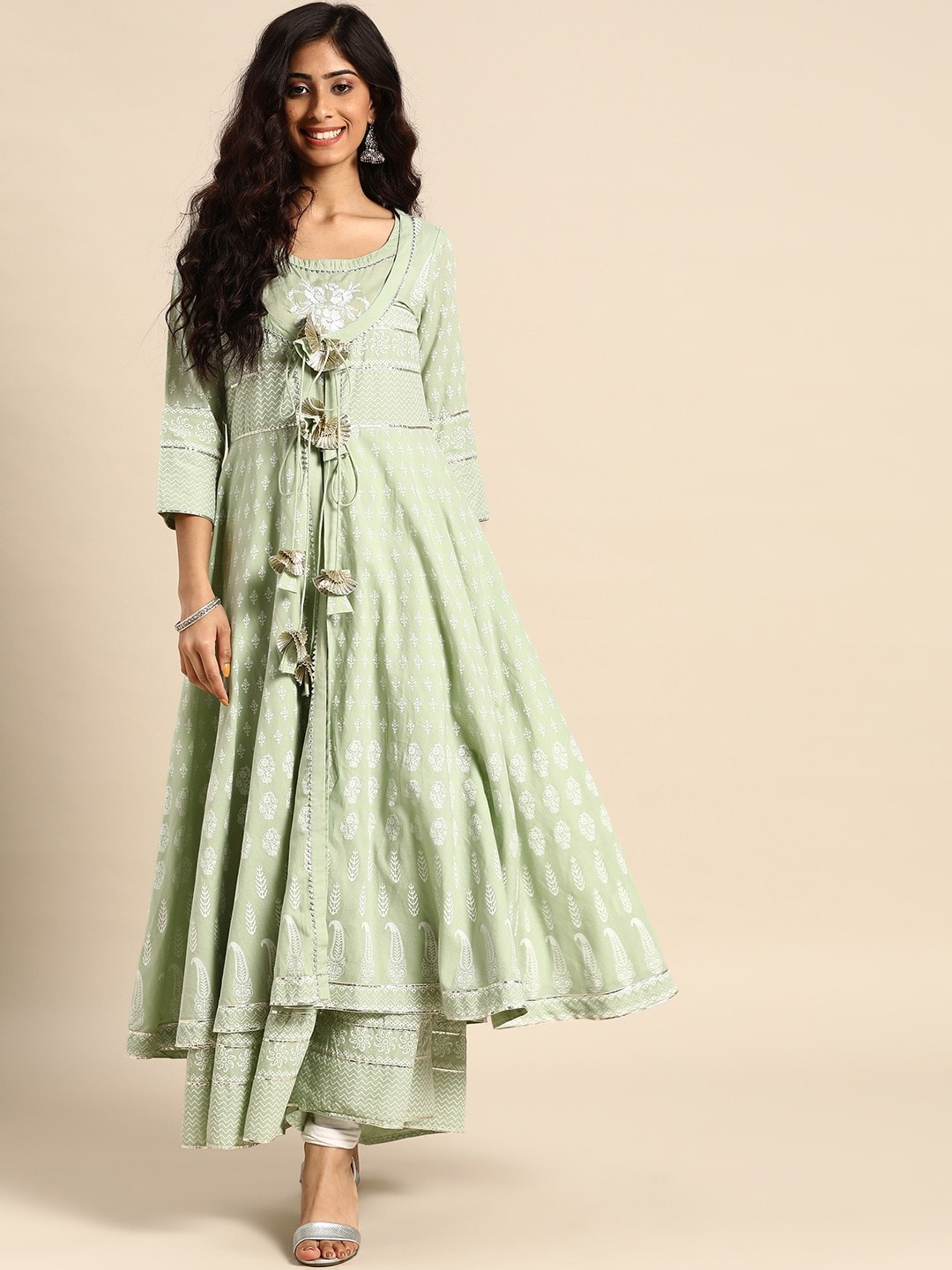 

RANGMAYEE Women Green Ethnic Motifs Printed Cotton Layered Anarkali Kurta