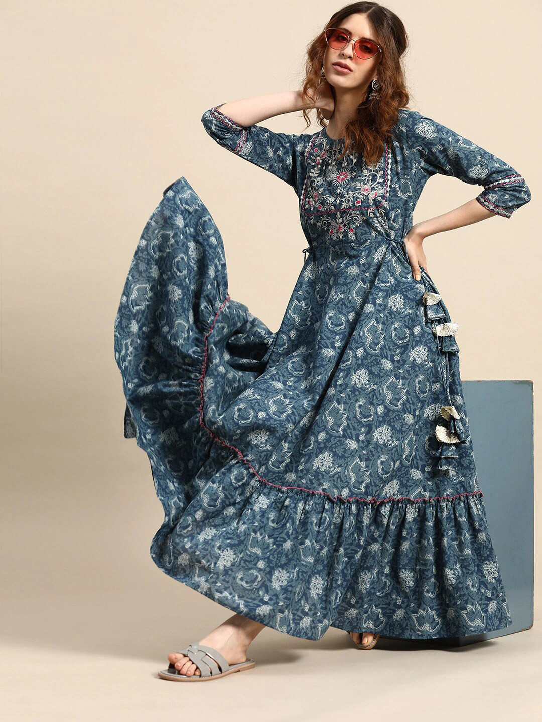 

RANGMAYEE Blue Gotta Patti Embroidered Ethnic A-Line Maxi Dress