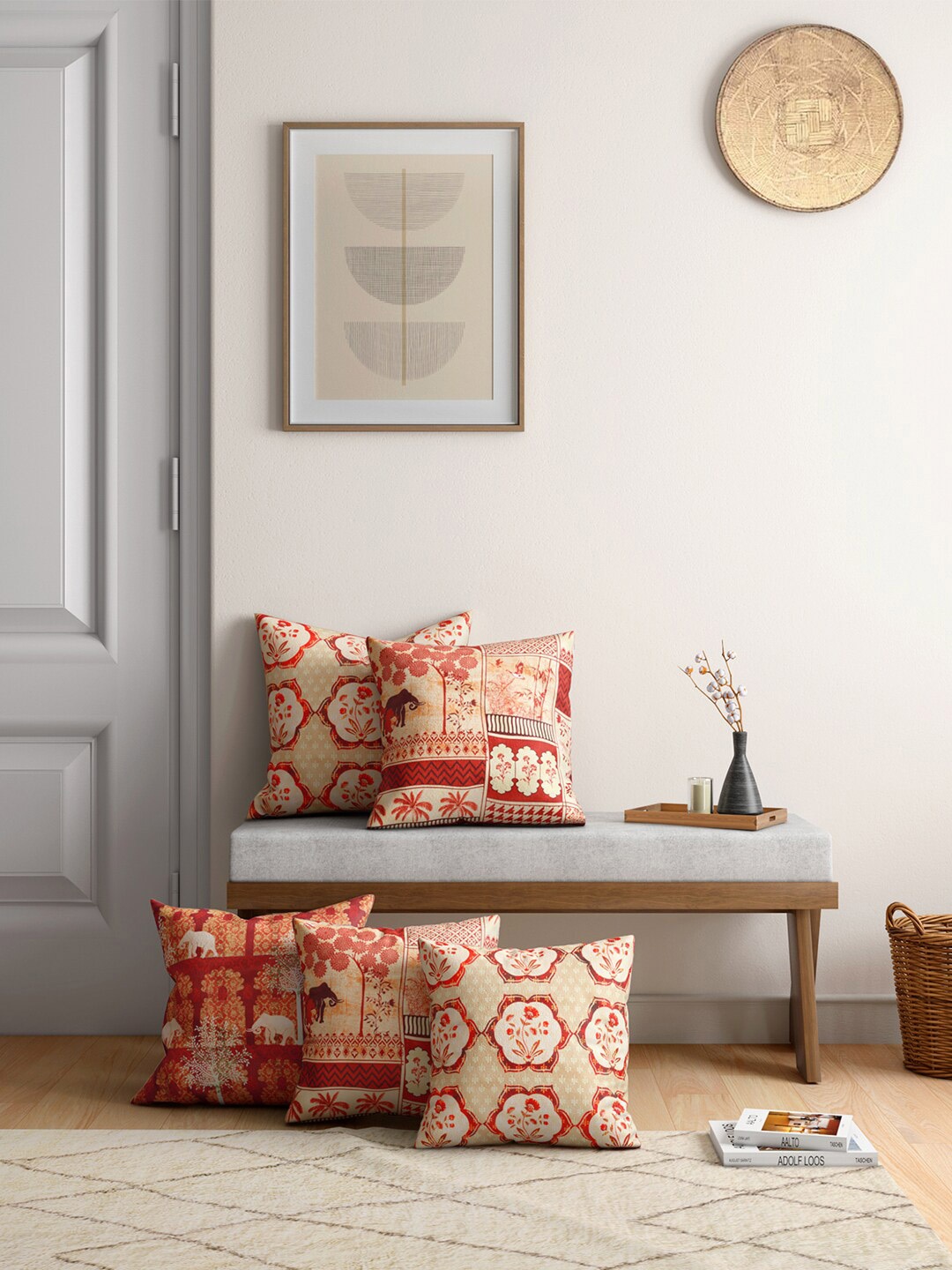 

India Circus by Krsnaa Mehta Set Of 5 Red & Beige Printed Velvet Square Cushion Covers
