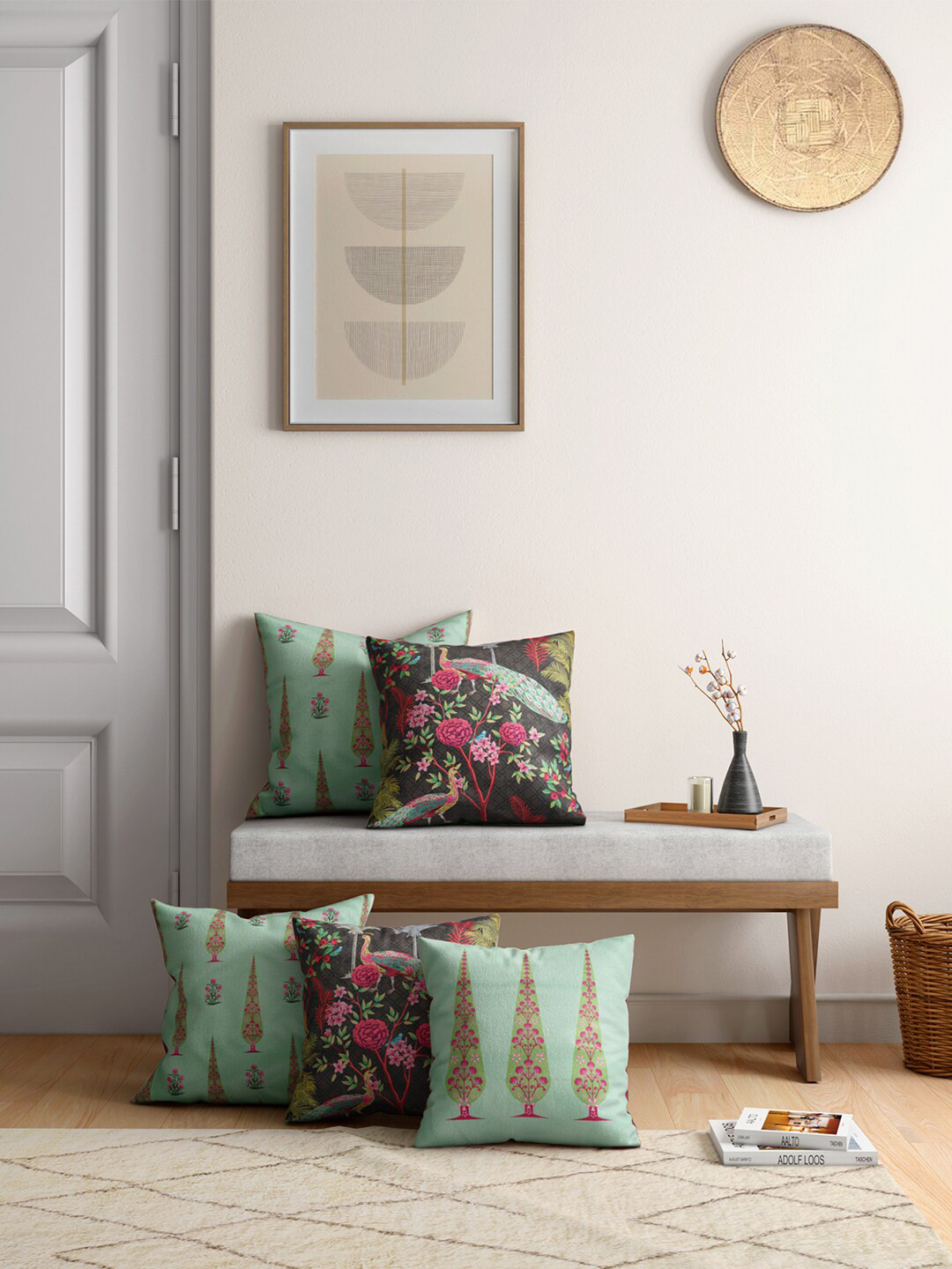 

India Circus by Krsnaa Mehta Green & Fuchsia Set of 5 Floral Velvet Square Cushion Covers