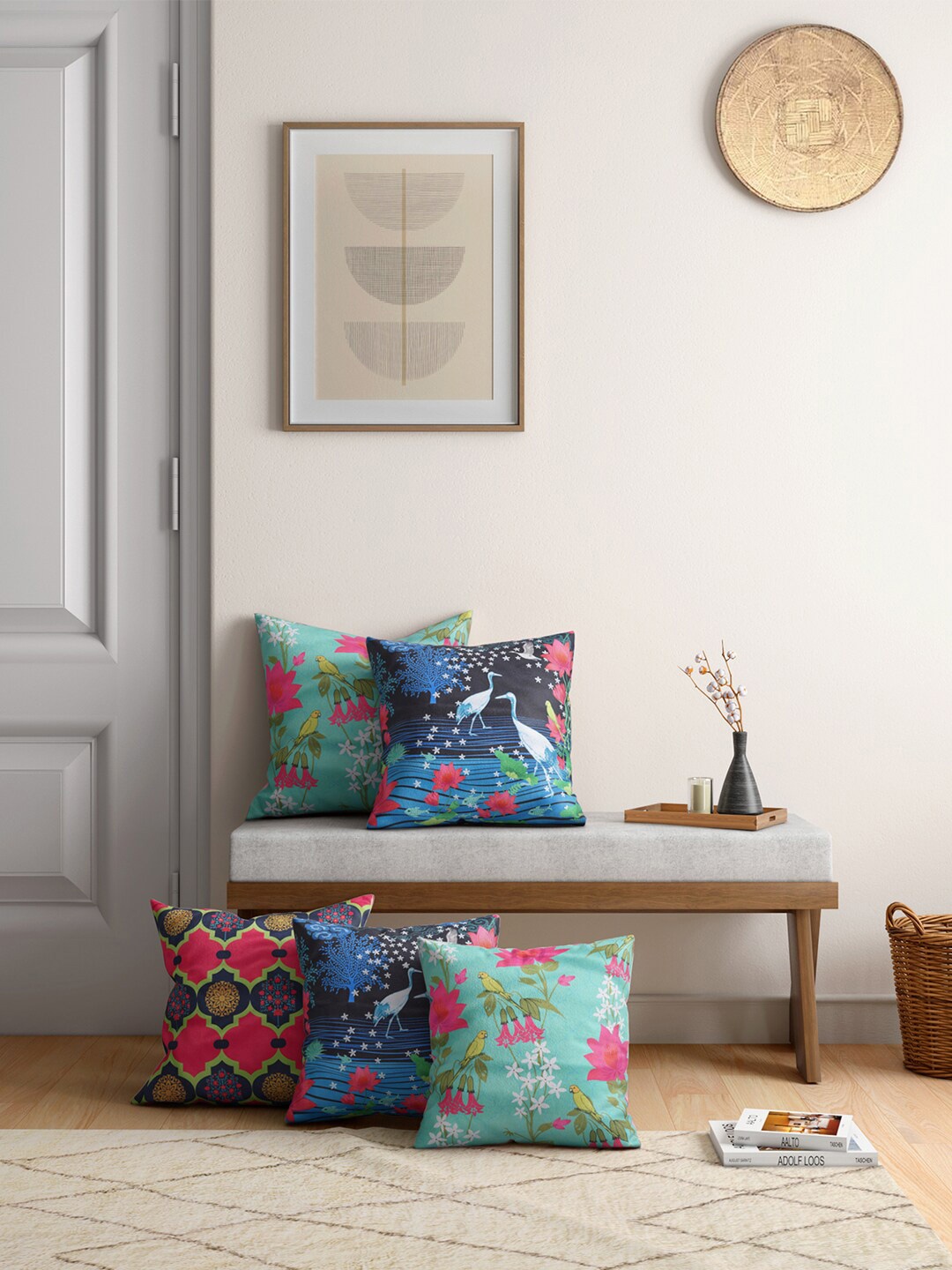 

India Circus by Krsnaa Mehta Multicoloured Set of 5 Floral Velvet Square Cushion Covers, Multi