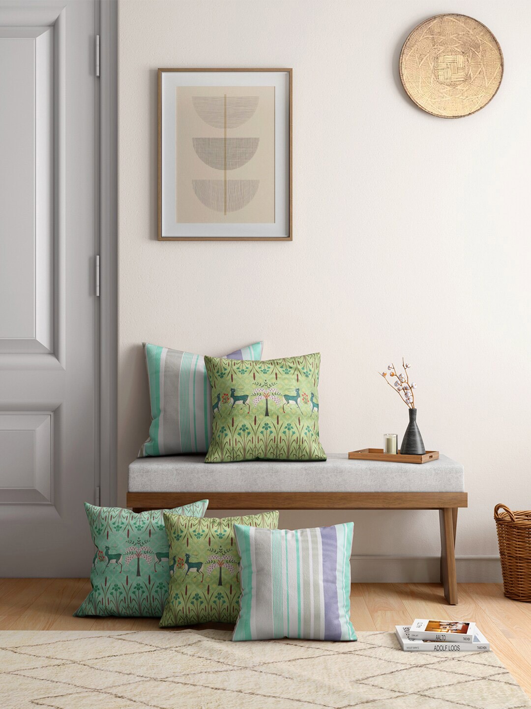 

India Circus by Krsnaa Mehta Green & Blue Set of 5 Ethnic Motifs Velvet Square Cushion Covers