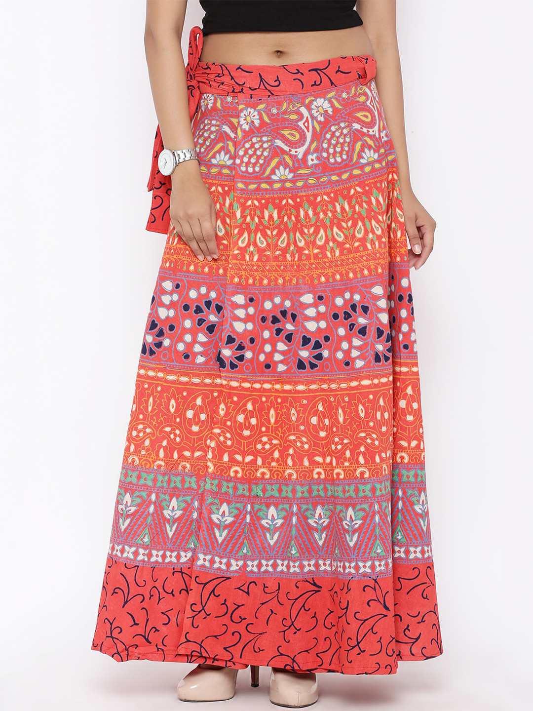 

SOUNDARYA Women Orange & Pink Printed Pure Cotton Maxi Wrap Skirt