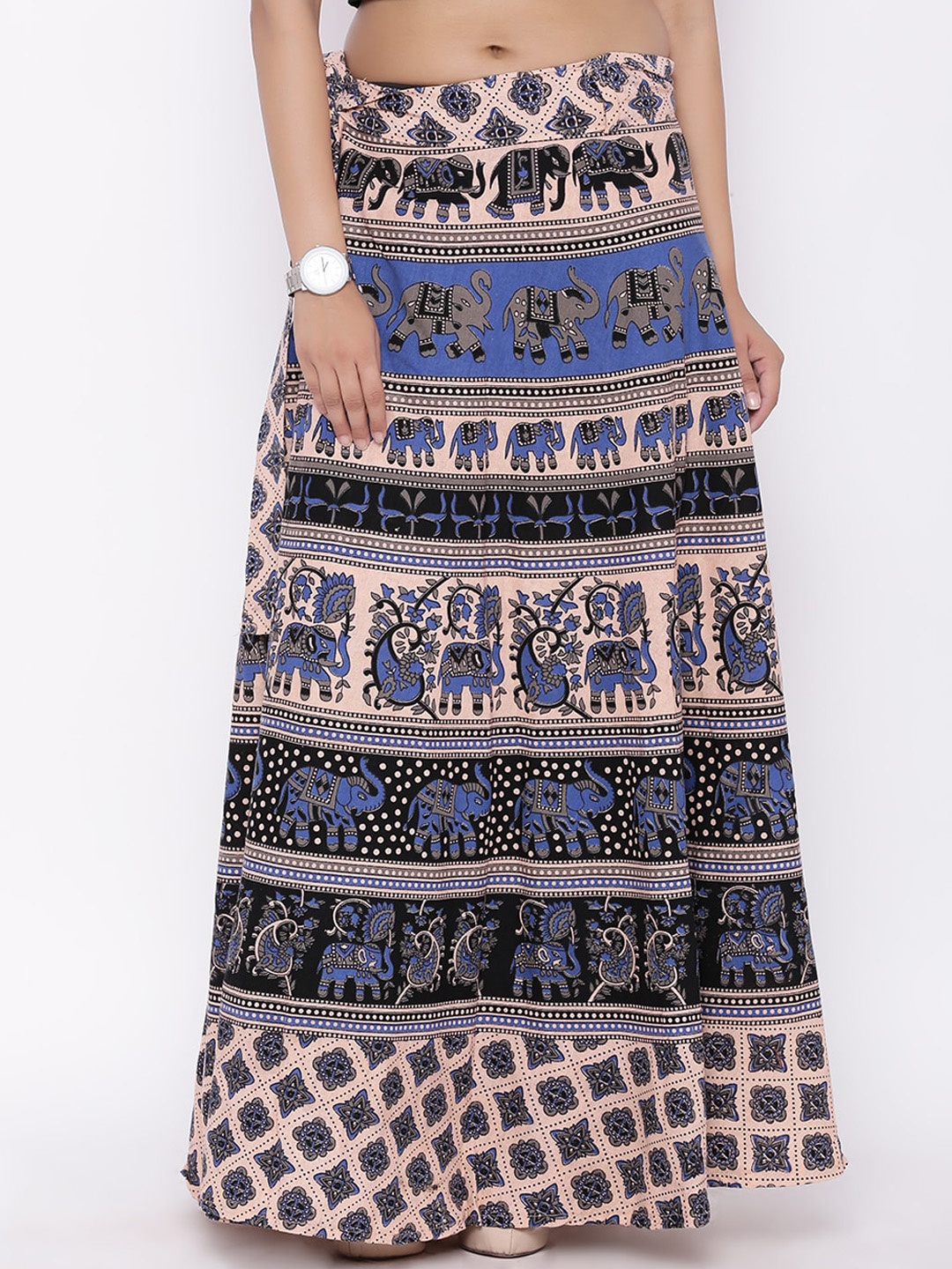

SOUNDARYA Women Beige & Blue Printed Pure Cotton Maxi Wrap Skirt