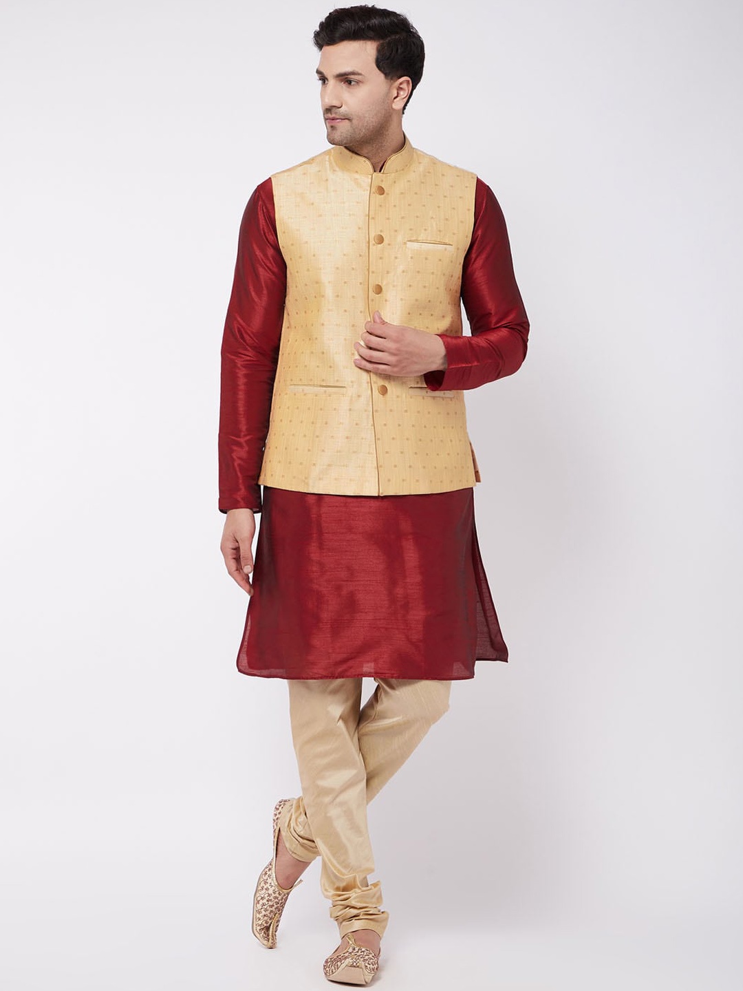 

VASTRAMAY Men Maroon & Gold-Coloured Kurta with Churidar & Nehru Jacket