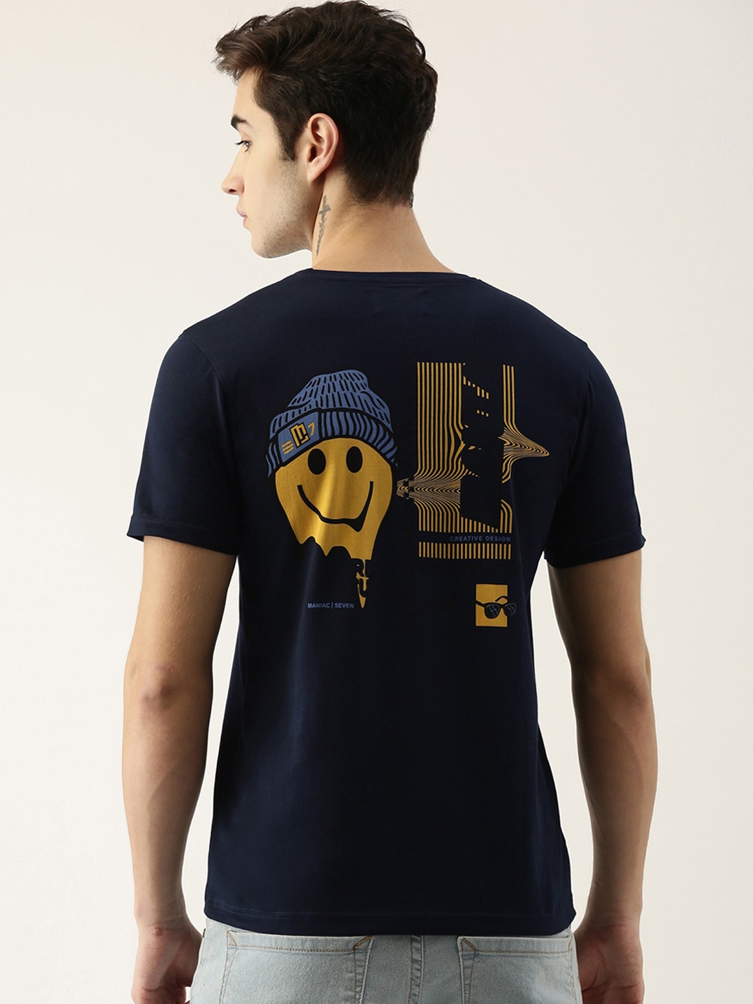 

Maniac Men Navy Blue Printed Slim Fit Pure Cotton T-shirt