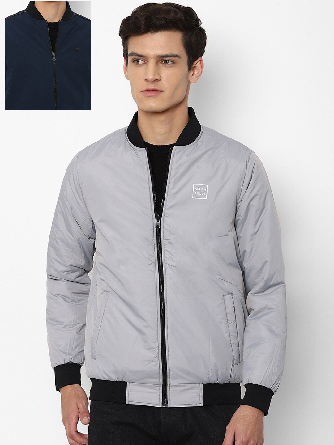 

Allen Solly Men Navy Blue & Grey Reversible Bomber Jacket