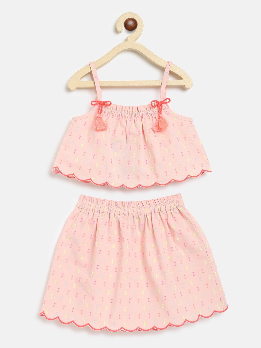 

Nauti Nati Girls Pink Self Design Pure Cotton Top with Skirt