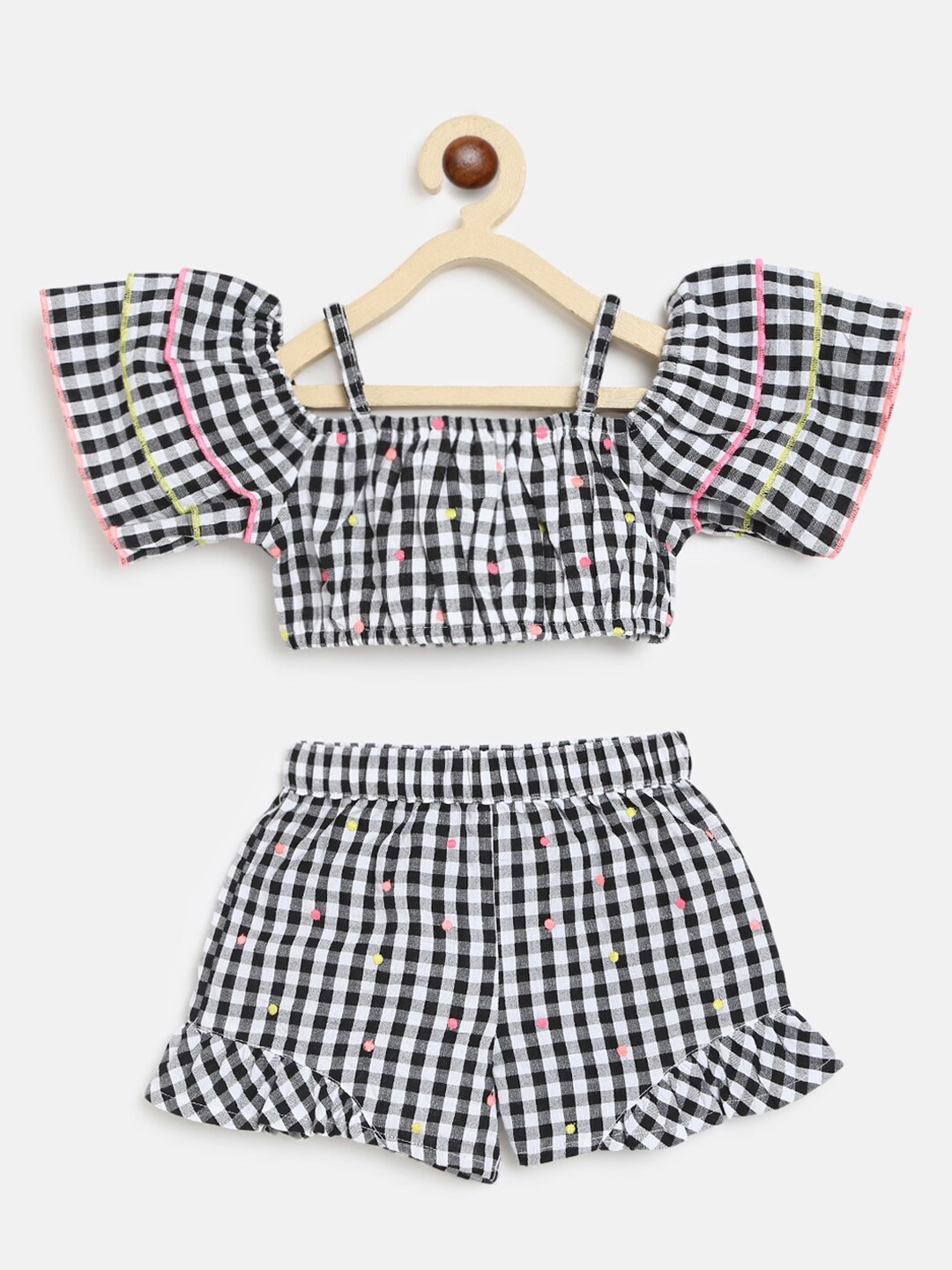 

Nauti Nati Girls Black & White Checked Pure Cotton Top With Shorts