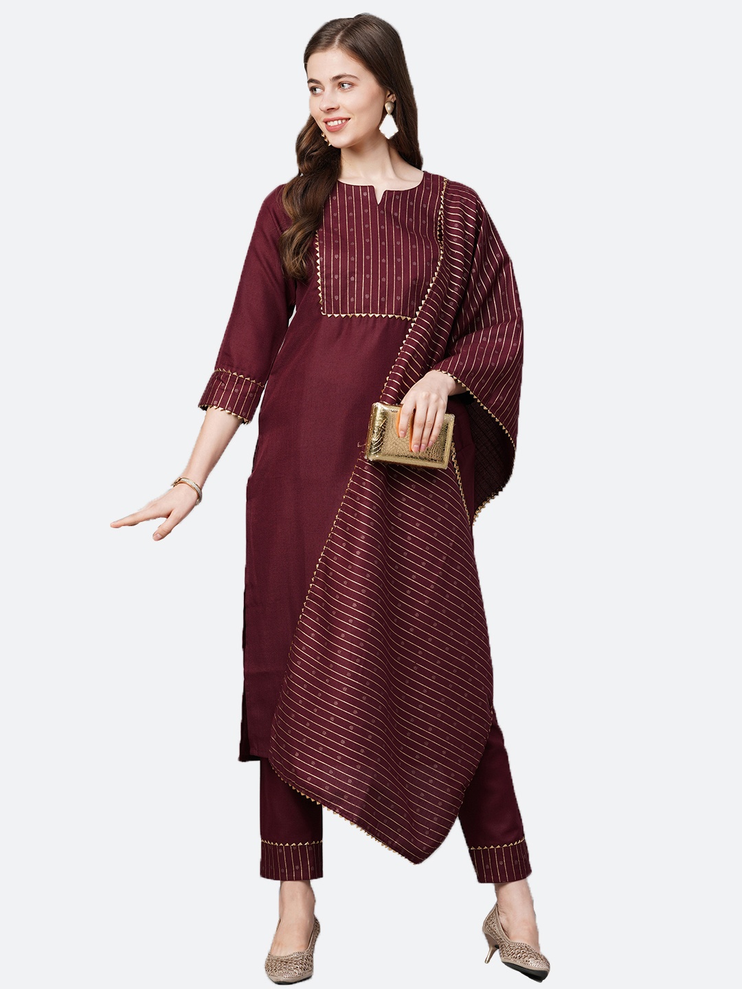 

KALINI Women Magenta Yoke Design Kurta with Trousers & With Dupatta