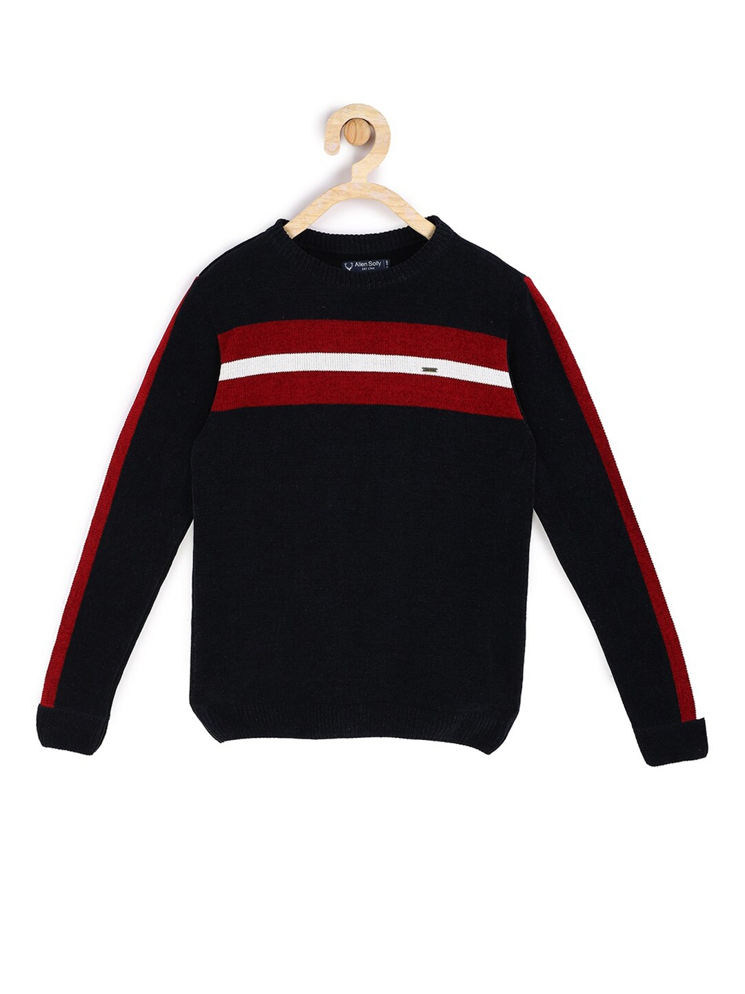 

Allen Solly Junior Boys Black & Maroon Striped Pullover