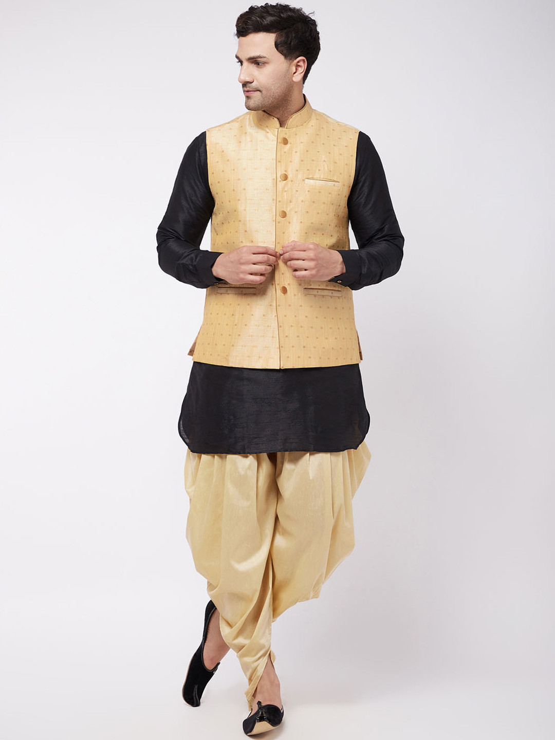 

VASTRAMAY Men Black Kurta with Dhoti Pants & Nehru Jacket