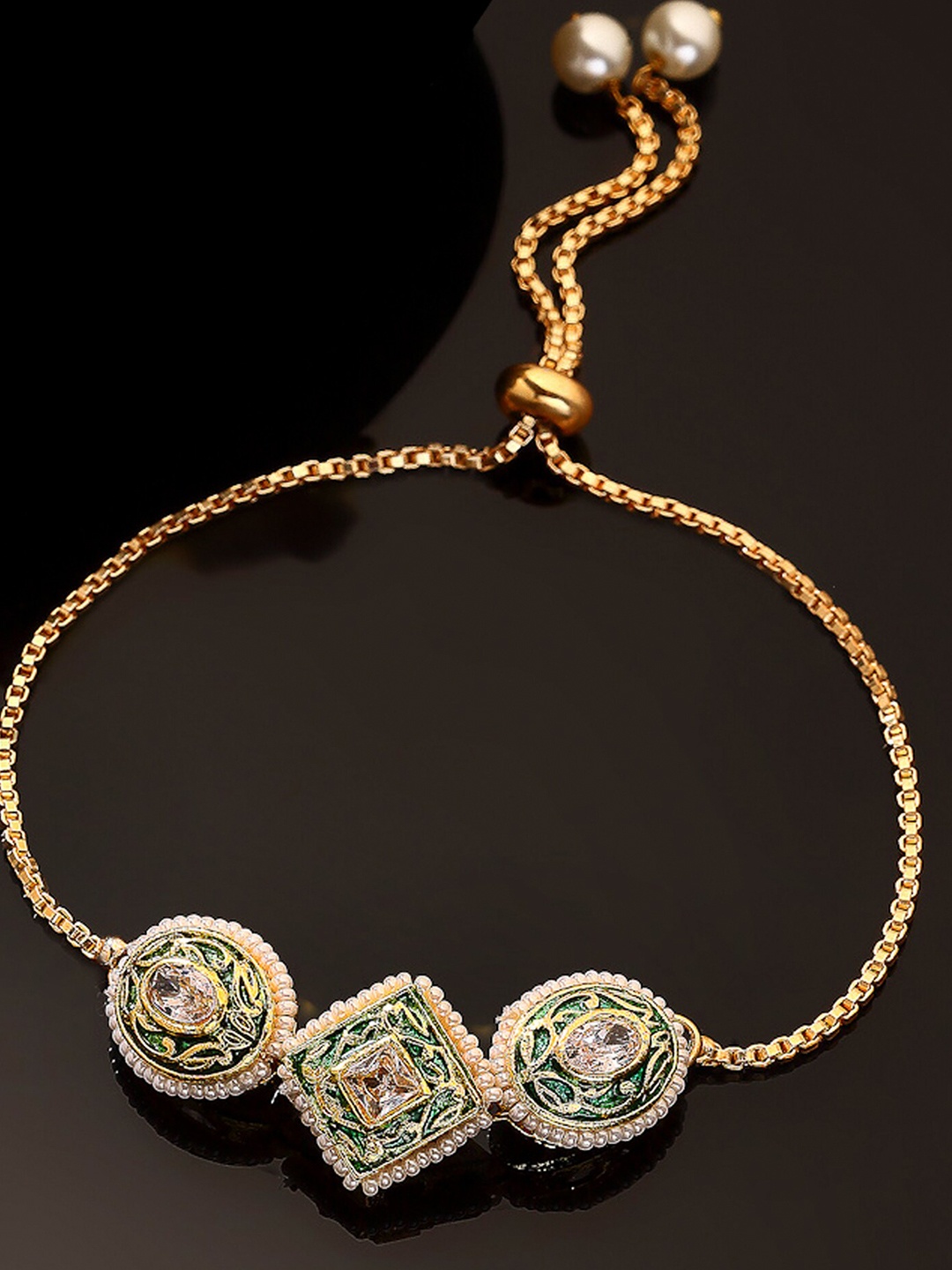 

DUGRISTYLE Women Green & White Sterling Silver Kundan Gold-Plated Charm Bracelet