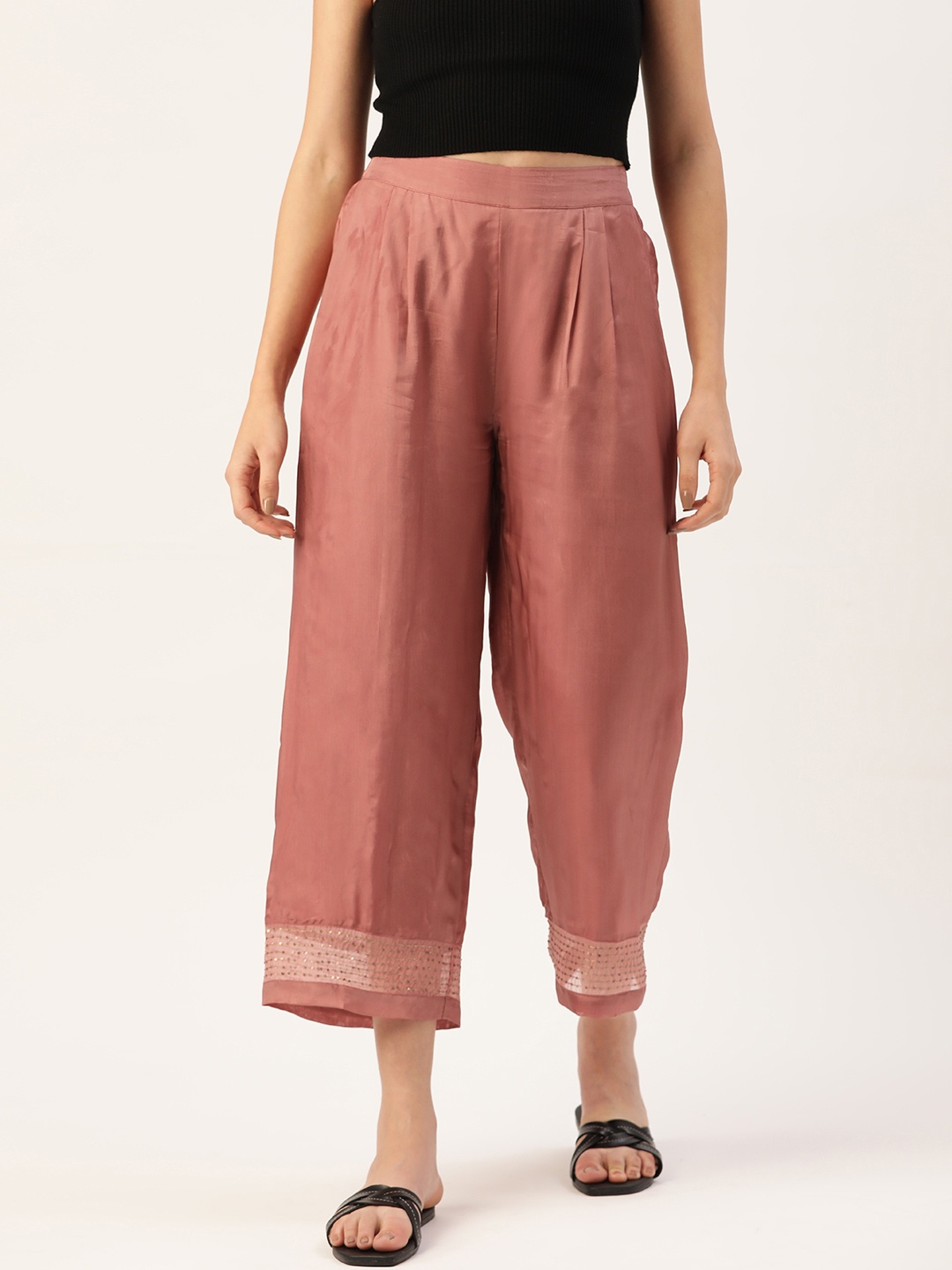

Ancestry Women Pink Solid Sequined Pleated Cropped Trousers