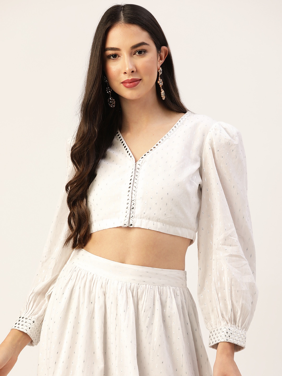 

Ancestry White Ethnic Motifs Mirror Work Crop Top