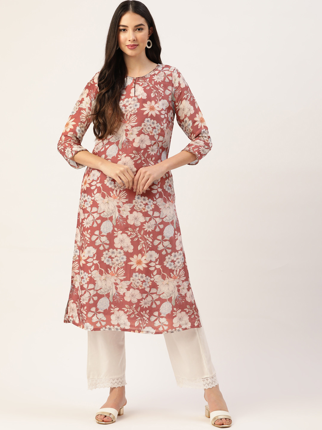 

Ancestry Women Pink & Off-White Floral Printed Keyhole Neck Kurta