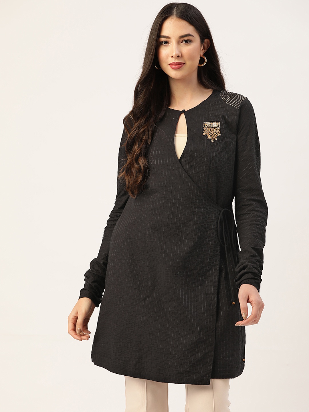 

Ancestry Women Black Self Design Cotton Longline Ethnic Tailored Jacket with Patchwork
