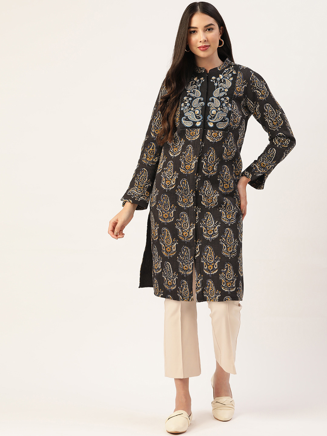 

Ancestry Women Black Ethnic Motifs Cotton Longline Tailored Jacket with Embroidered