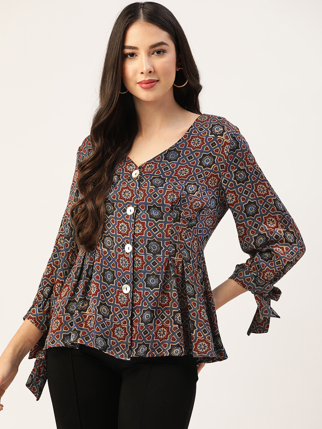 

Ancestry Navy Blue & Red Ethnic Motifs Print Peplum Top