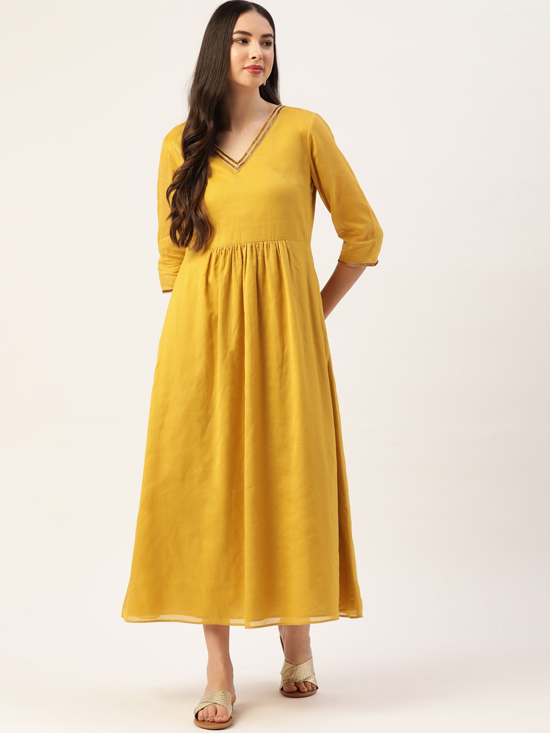 

Ancestry Mustard Yellow Solid Ethnic Midi Dress with Sequined Detail