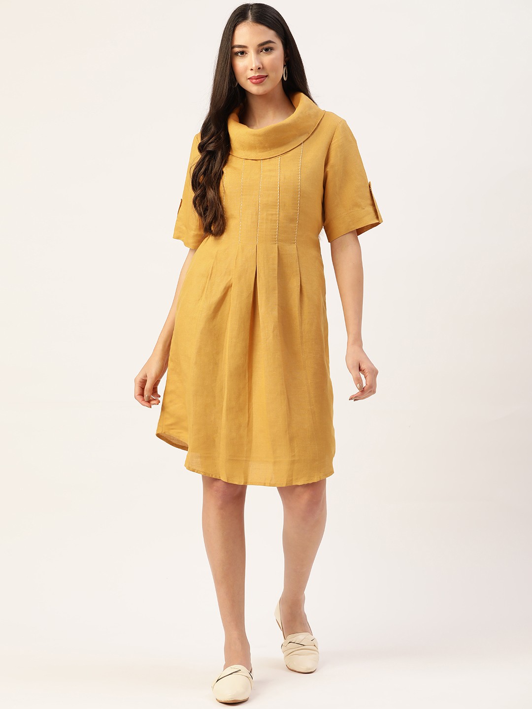 

Ancestry Mustard Yellow Solid Turtle Neck Fit and Flared Dress