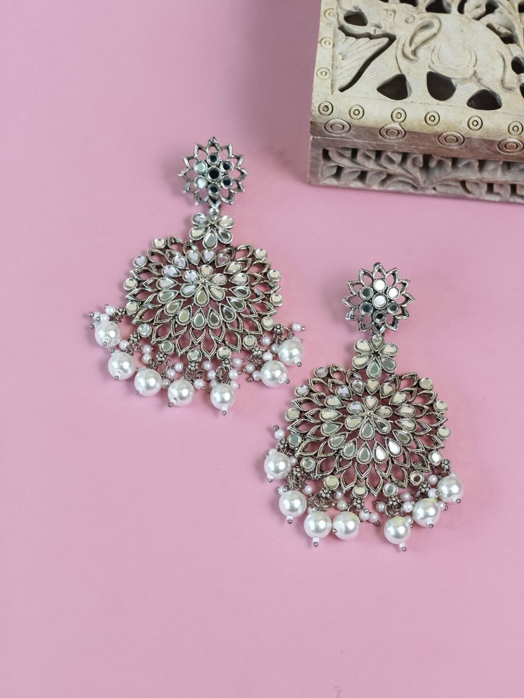 

AccessHer Silver-Toned & White Mirror Circular Drop Earrings