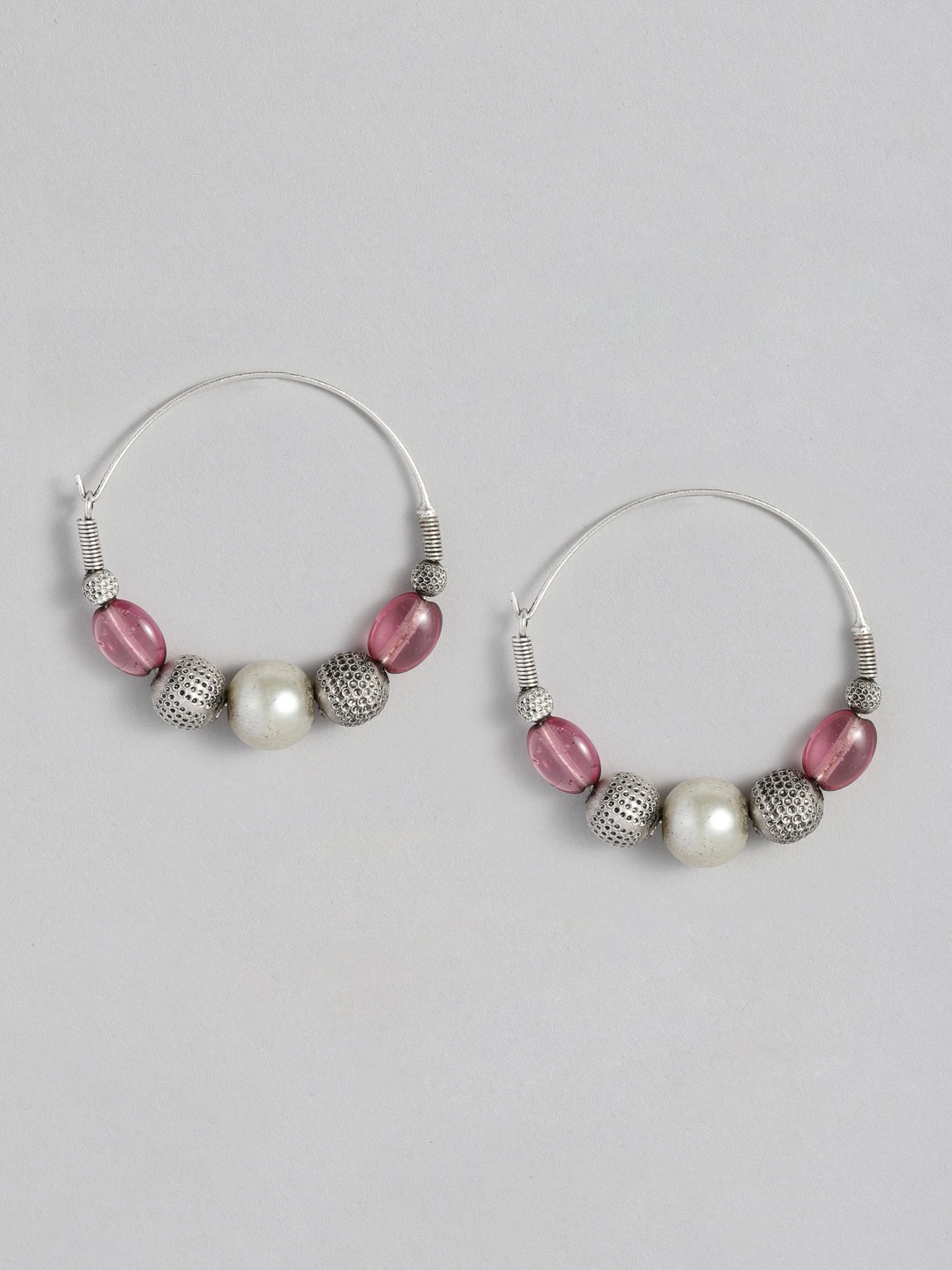 

AccessHer Silver-Toned & Pink Circular Hoop Earrings