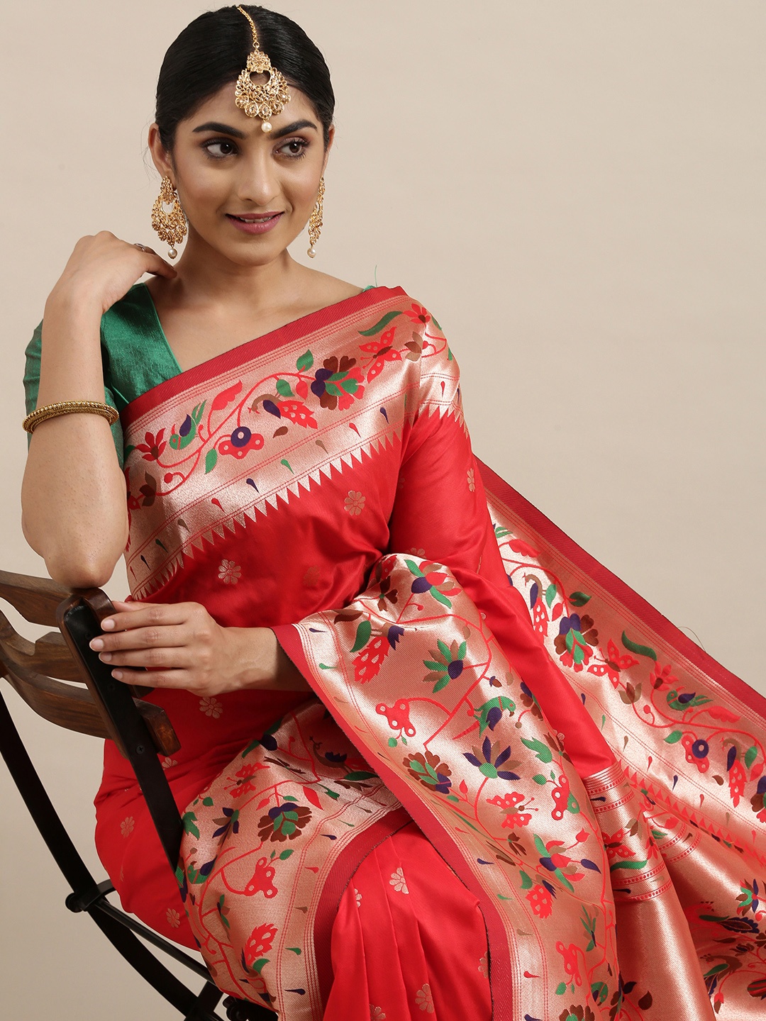 

Mitera Red Woven Design Zari Silk Blend Paithani Saree