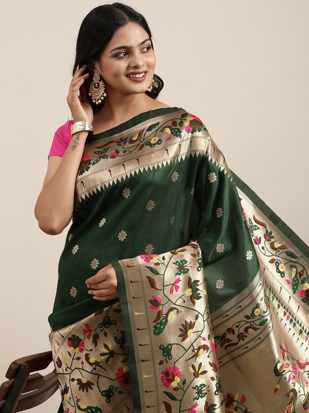 

Mitera Green Woven Design Zari Silk Blend Paithani Saree
