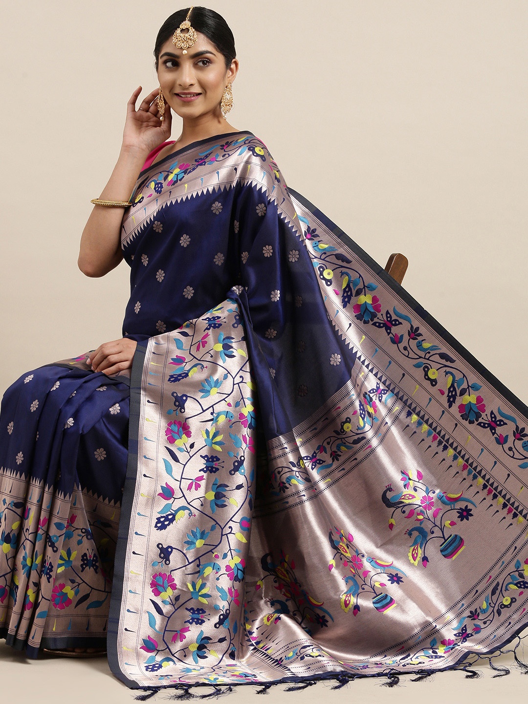 

Mitera Navy Blue & Silver-Toned Ethnic Motifs Silk Blend Saree