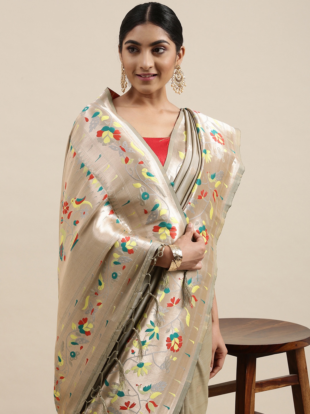 

Mitera Grey & Yellow Ethnic Motifs Silk Blend Saree