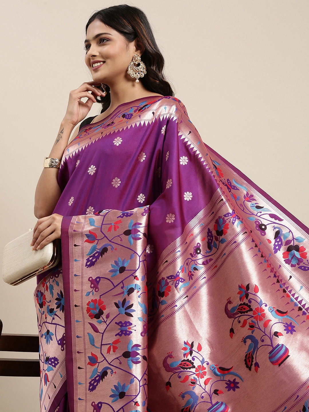 

Mitera Purple Woven Design Zari Silk Blend Paithani Saree