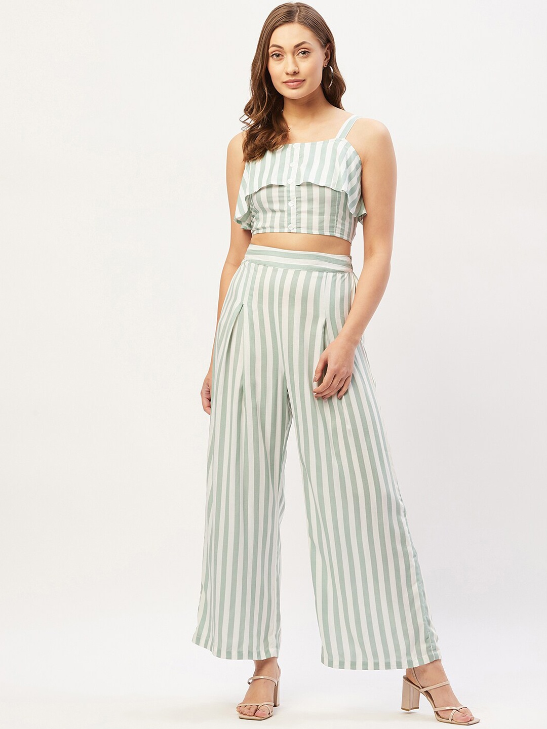 

ANVI Be Yourself Women Green Stripe Co-Ords Set