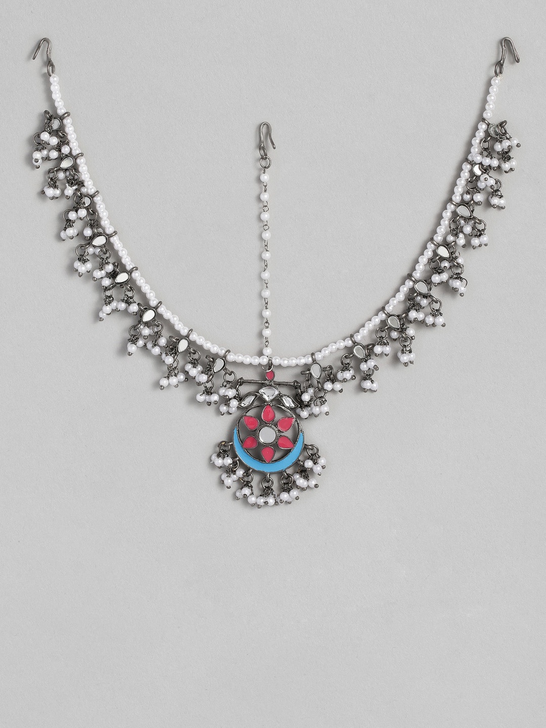 

AccessHer Oxidised Silver-Plated & White Kundan Mirror Studded and Beaded Matha Patti