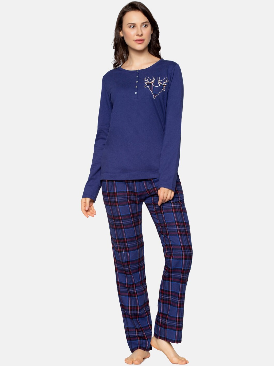 

Triumph 100% Organic Cotton Full Sleeve Top and Trouser Homewear Set, Blue