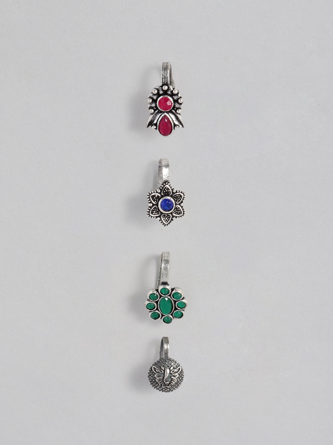 

AccessHer Pack of 4 Oxidised Silver-Plated Tribal Nose Pin, Green