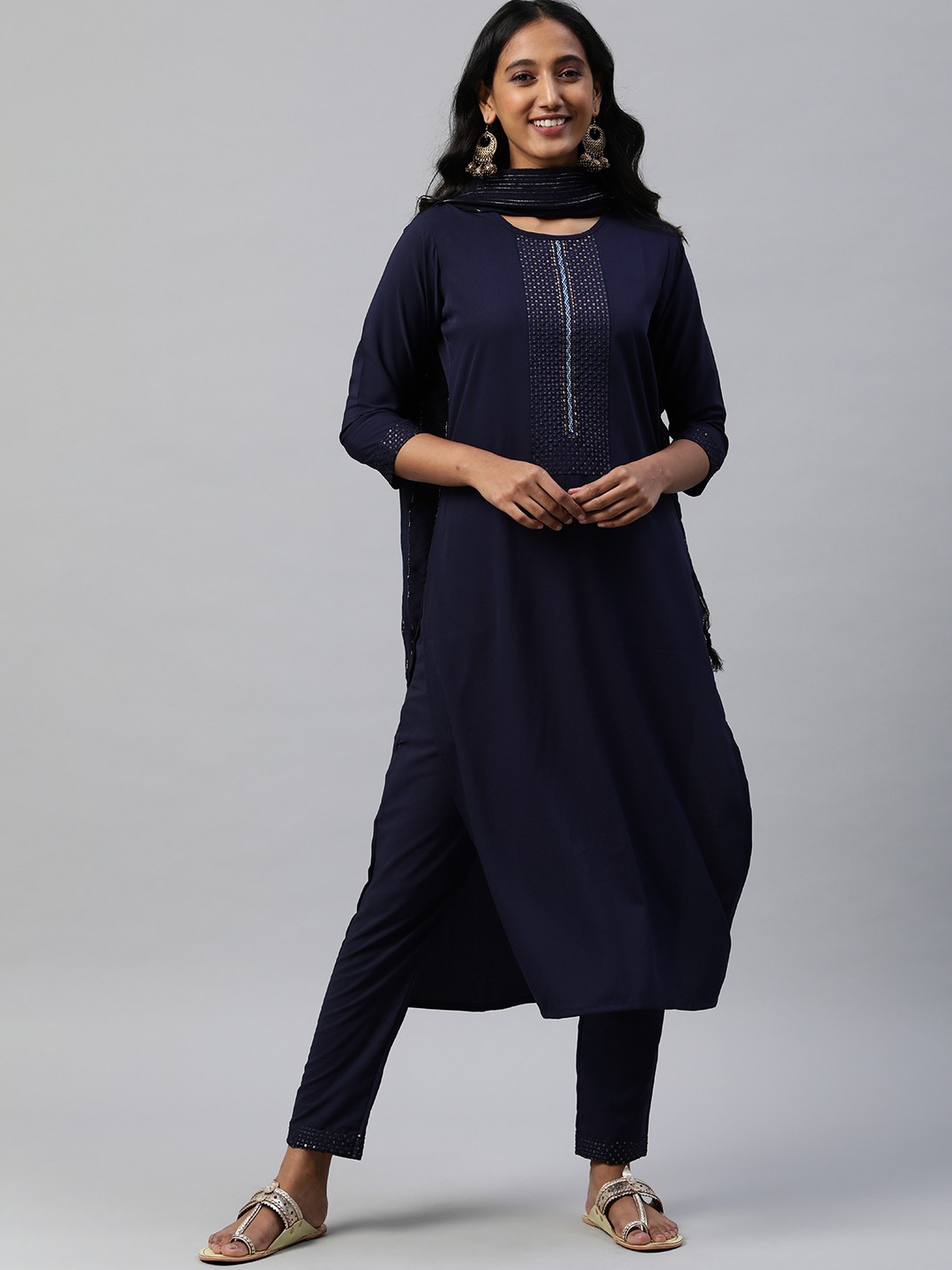

SheWill Women Navy Blue Ethnic Motifs Embroidered Sequinned Kurta with Trousers & With Dupatta