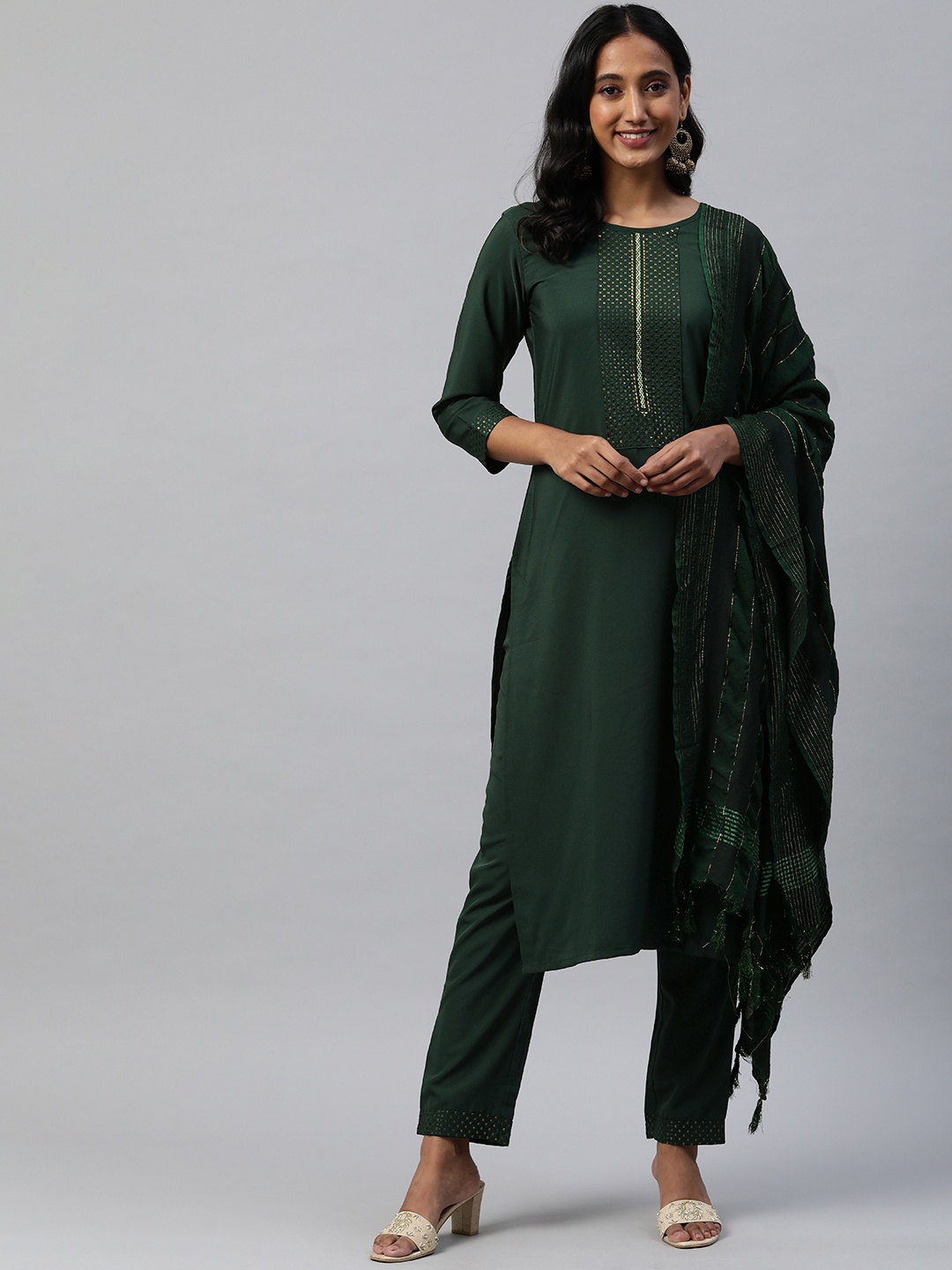 

SheWill Women Green Ethnic Motifs Embroidered Sequinned Kurta with Trousers & With Dupatta