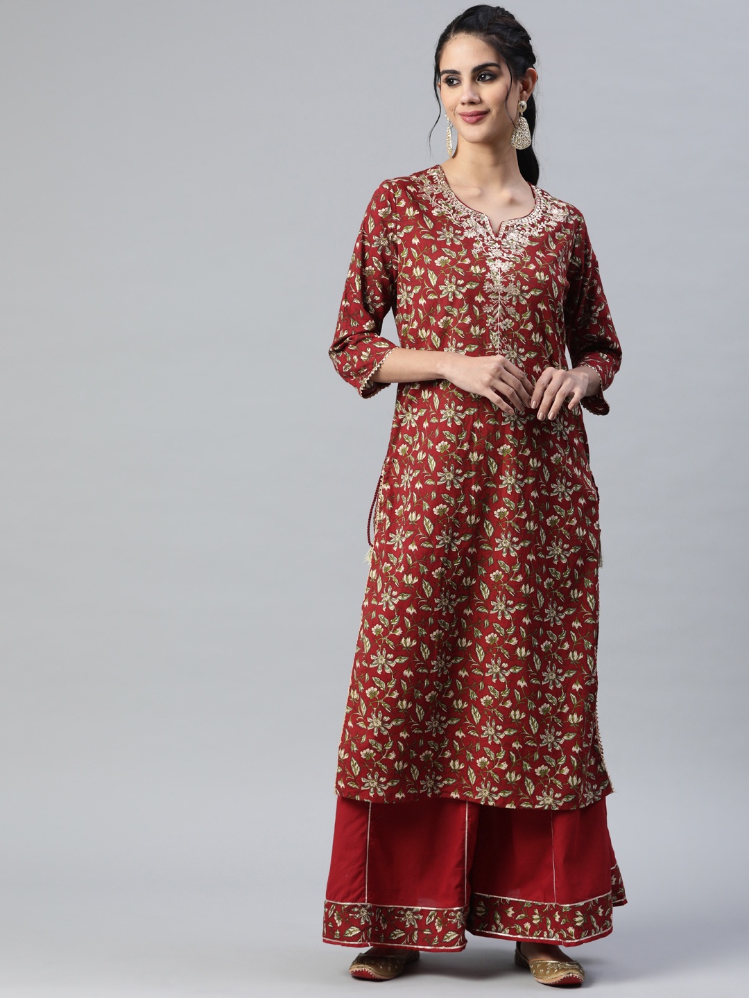 

Fusion Threads Women Maroon & Green Pure Cotton Floral Print Embroidered Kurta & Palazzos
