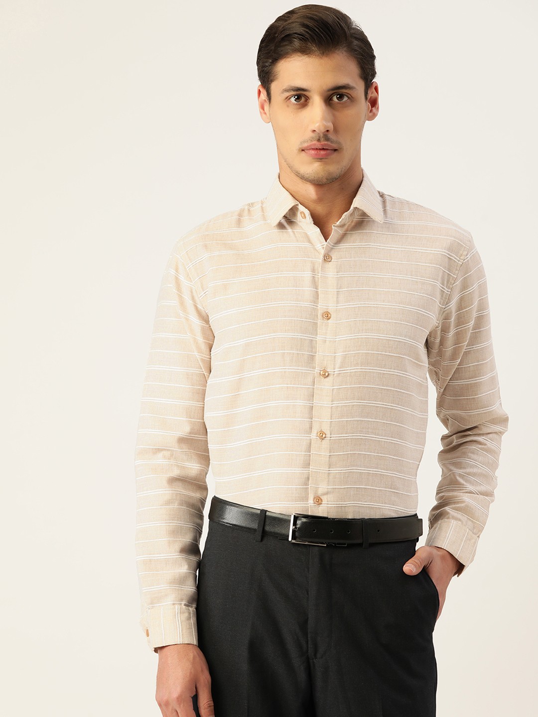 

JAINISH Men Cream-Coloured Smart Horizontal Stripes Striped Formal Shirt