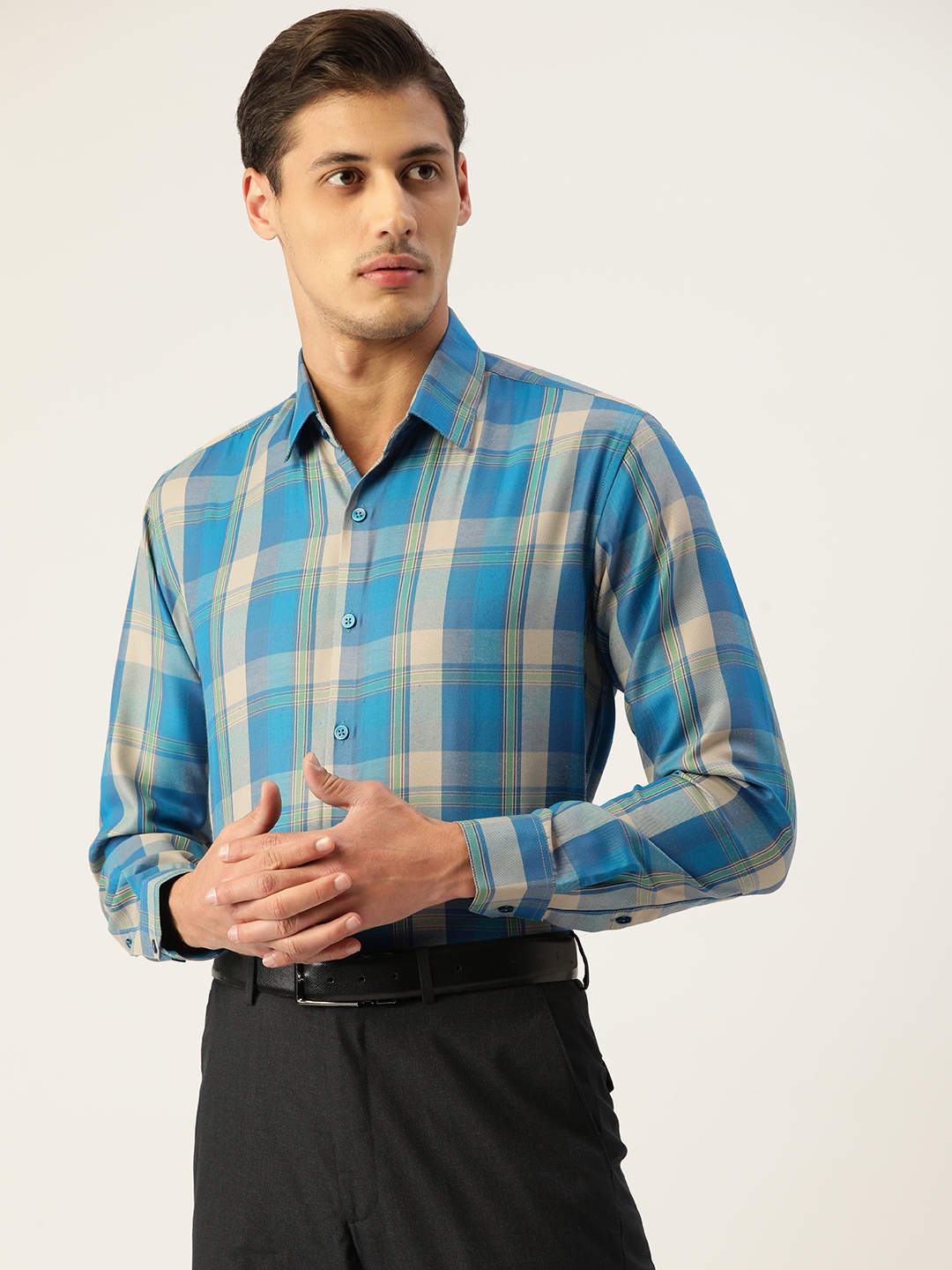 

JAINISH Men Blue & Beige Pure Cotton Smart Fit Tartan Checked Formal Shirt