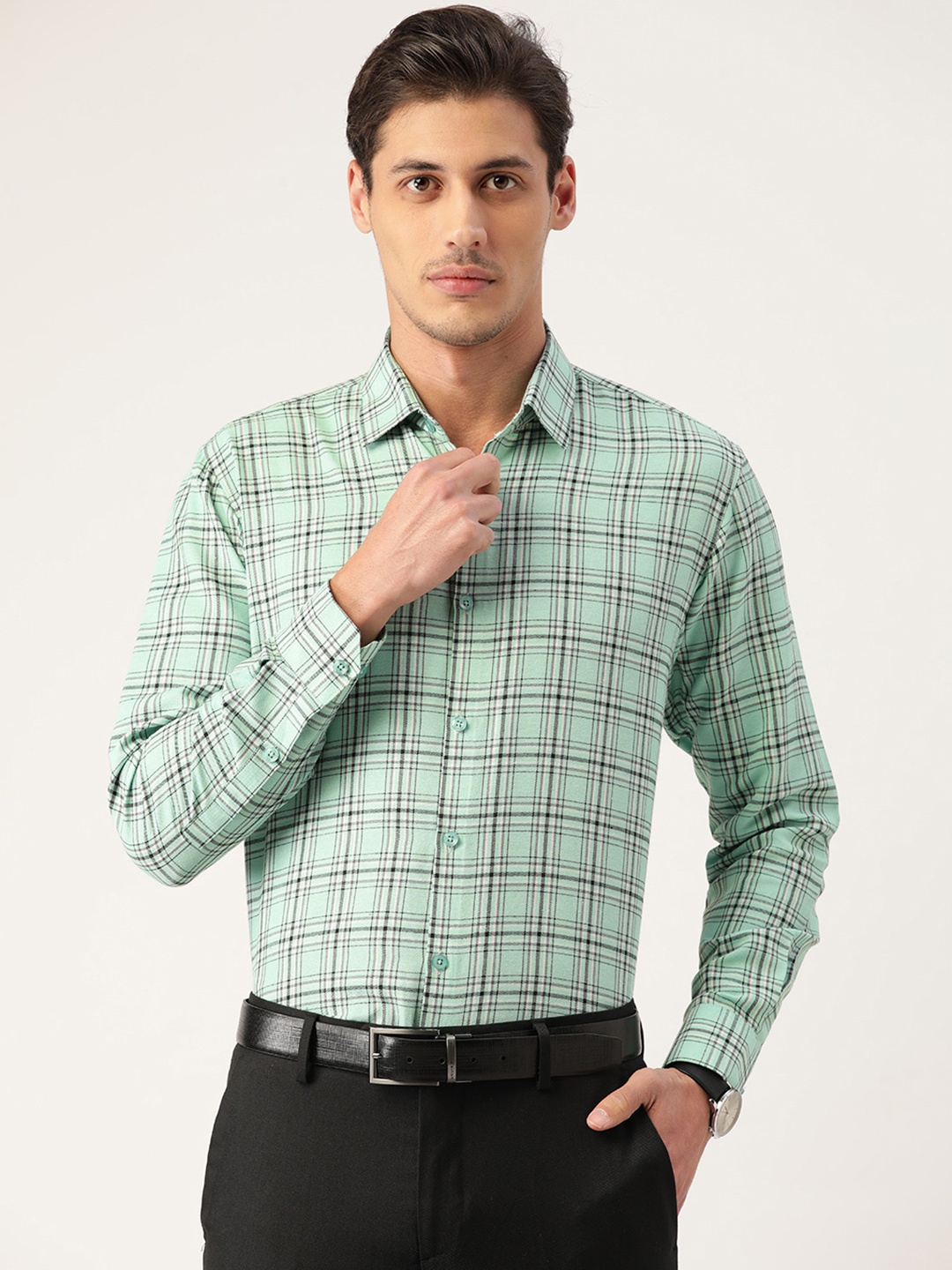 

JAINISH Men Green & Black Pure Cotton Smart Fit Tartan Checked Formal Shirt