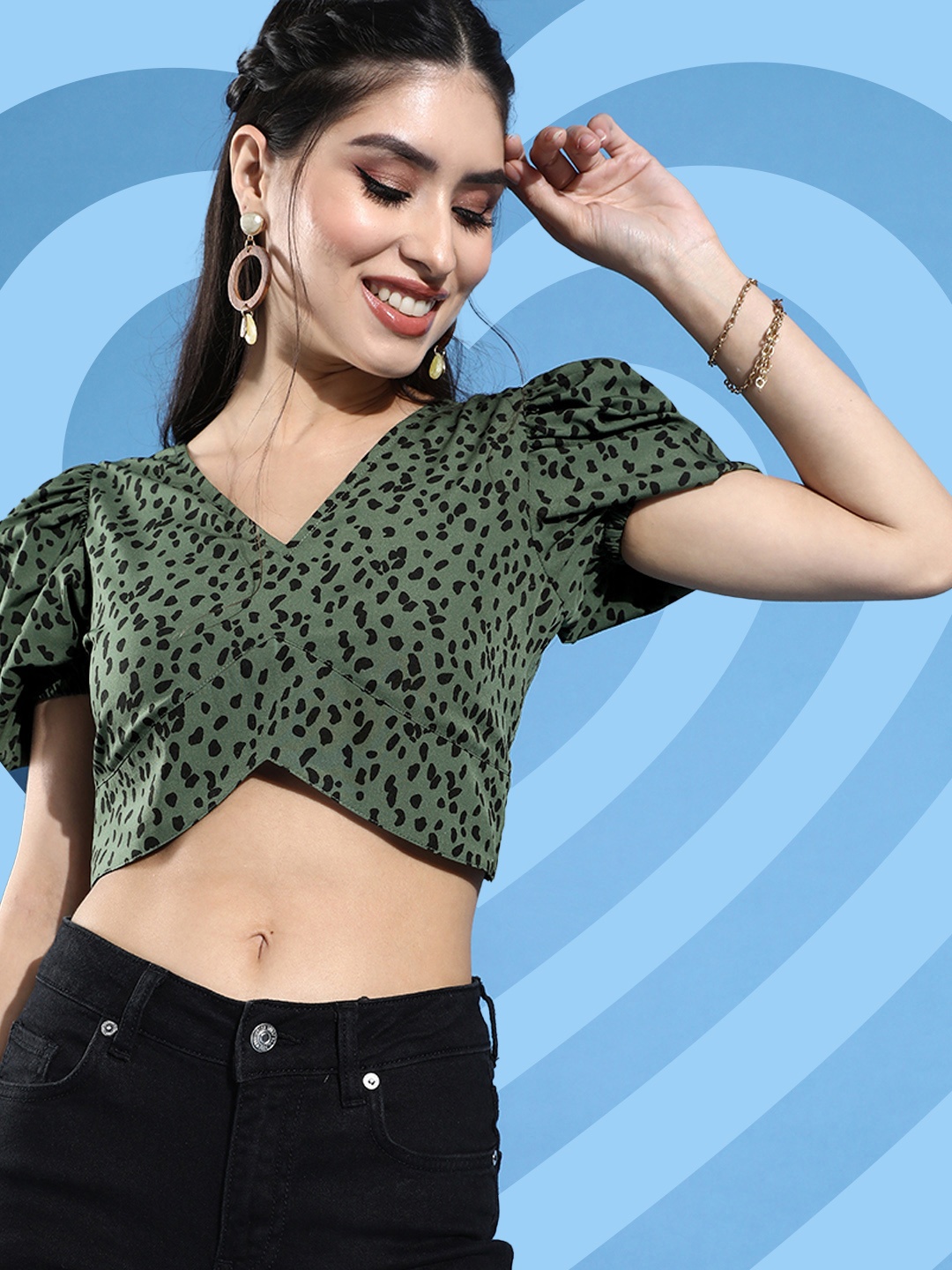 

STREET 9 Olive Green & Black Print Crepe Crop Top