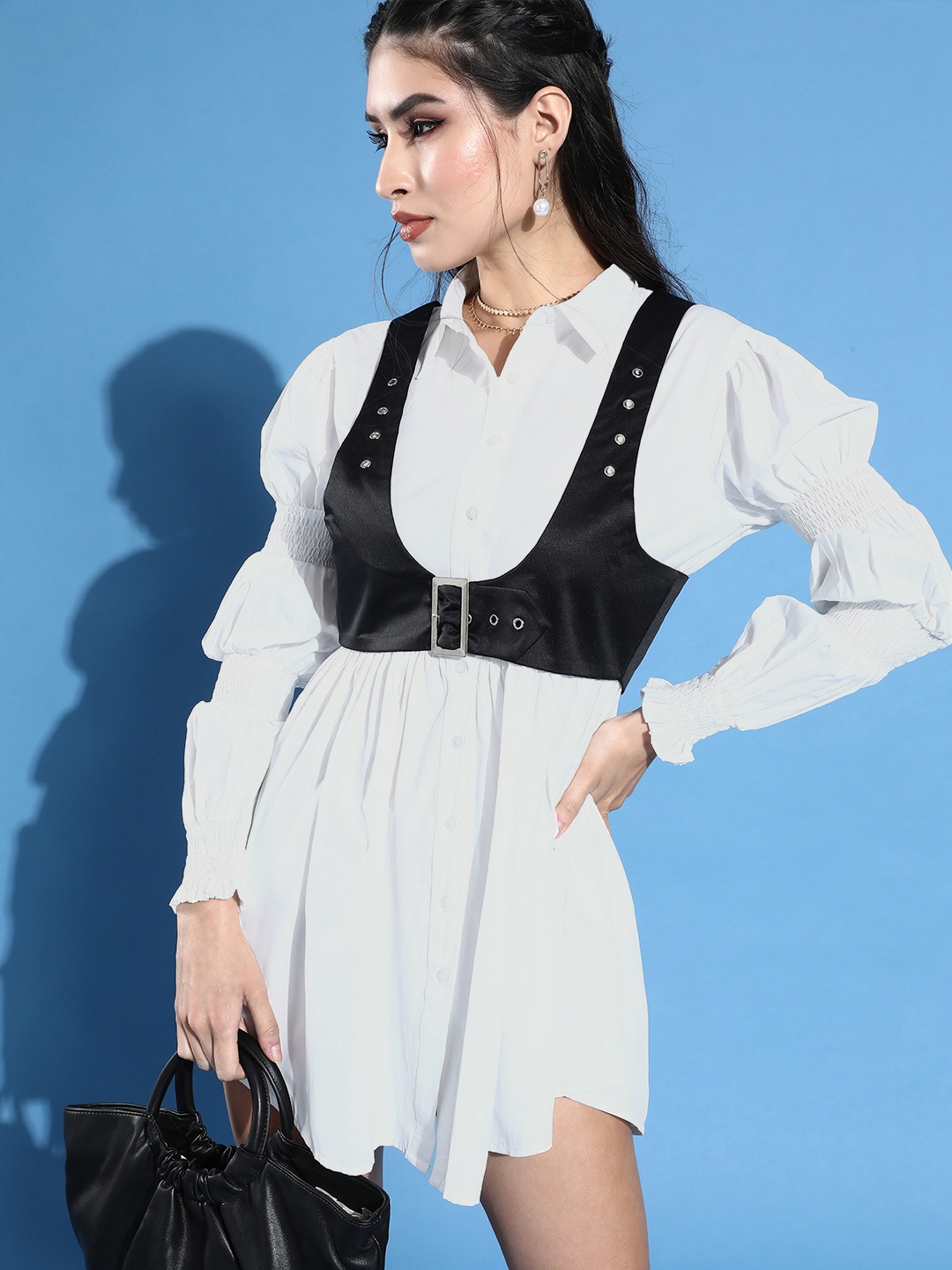 

STREET 9 Women Classy White Solid Smocked Dress