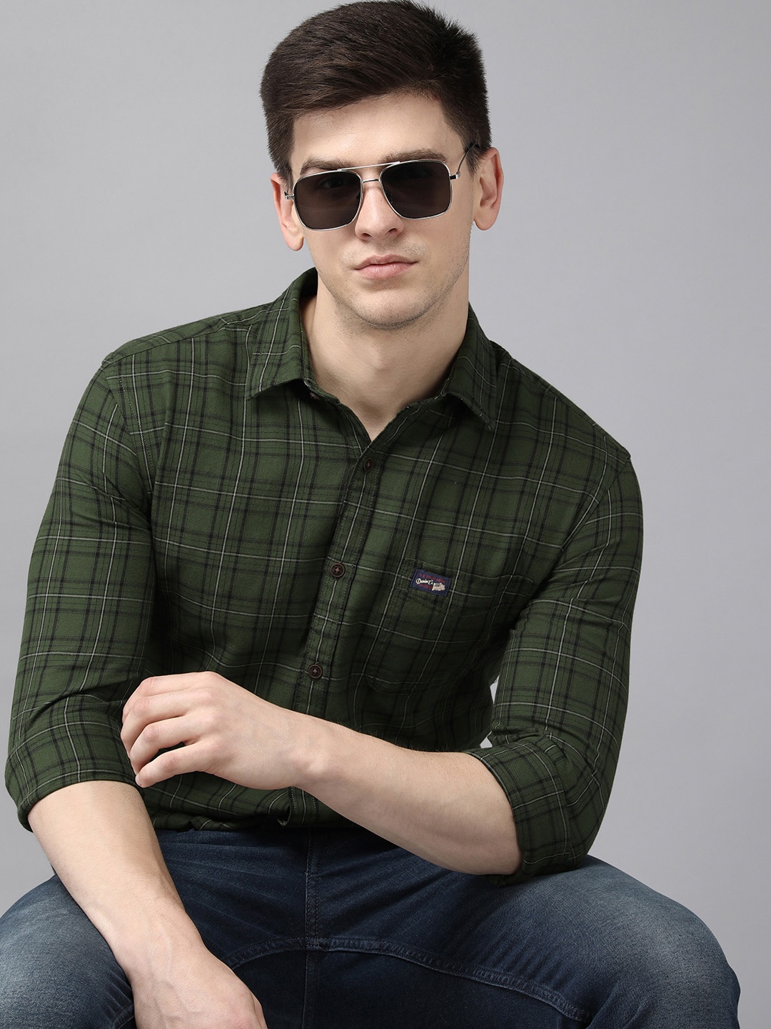 

U S Polo Assn Denim Co Men Olive Green Tartan Checks Casual Shirt