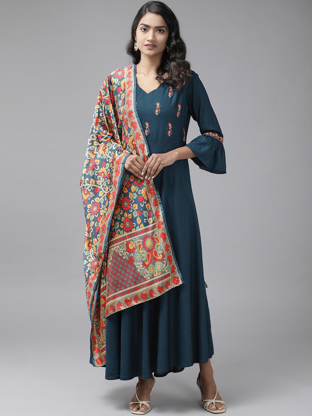 

Yufta Navy Blue Ethnic Motifs Embroidered A-Line Maxi Dress With Dupatta