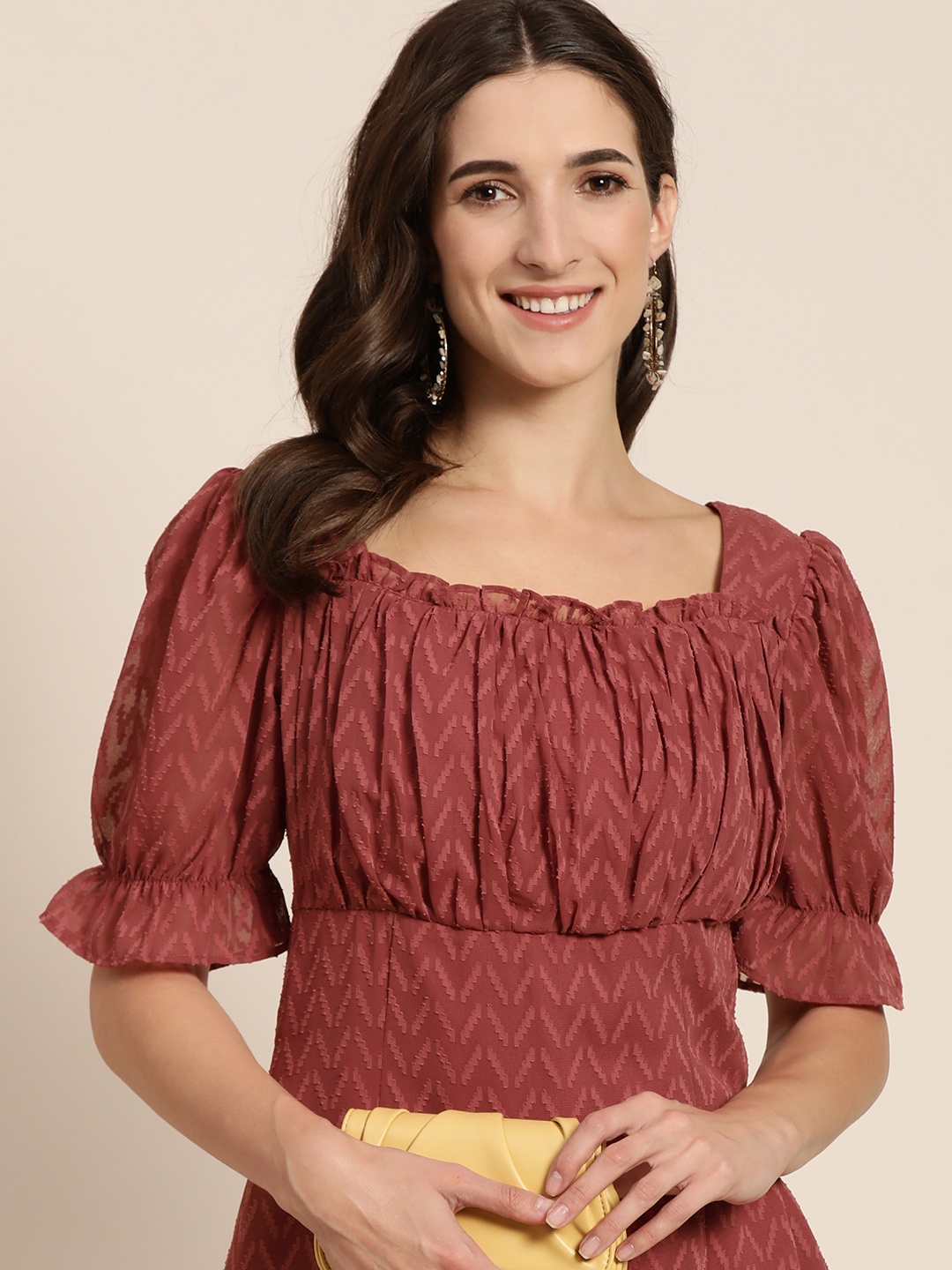 

Marie Claire Maroon Self-Design Square Neck Bell Sleeves Pleated Chiffon Empire Dress