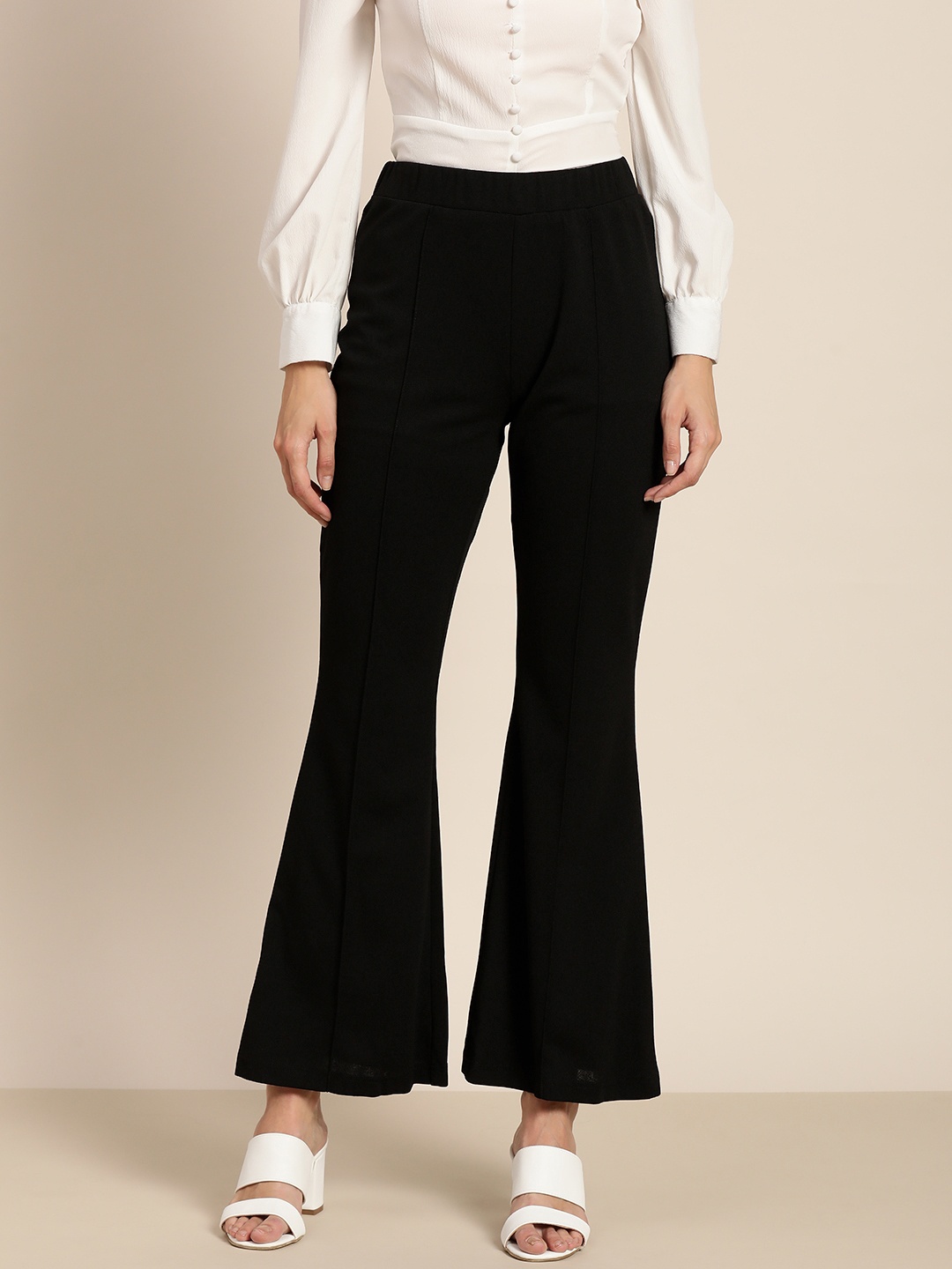 

Marie Claire Women Black Solid Flared Pleated Bootcut Trousers