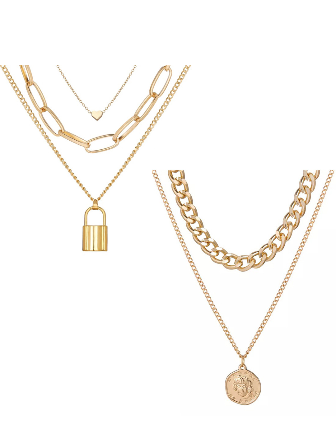 

Vembley Set Of 2 Gold-Plated Layered Heart Lock & Vintage Coin Chunky Chain Necklace